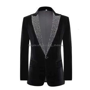 Garnitury Blazer Blask Rhinestones Czarna kurtka Blazers Pants Męski piosenkarka Piosenkarka Kostium Kostium Party Groom Wedding Dr Dhrkk