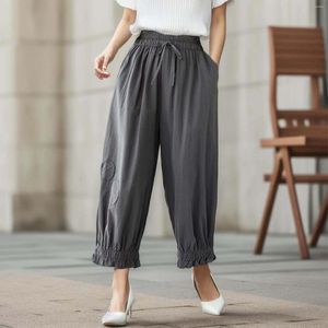 Women's Pants Spring And Summer Vintage Patterned Trousers Drawstring Elastic Waist Solid Color High Wide Legged