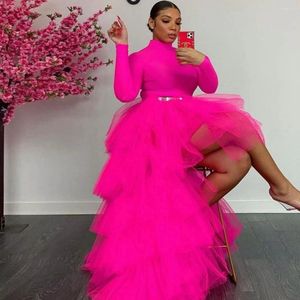 Skirts Pink Fluffy High Low Tulle Women To Party Ruffles Tiered Skirt Mesh Maxi Elastic Female Bottom Plus Size