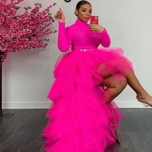 Saias rosa fofo alto baixo tule mulheres para festa babados em camadas saia malha maxi elástico feminino inferior plus size