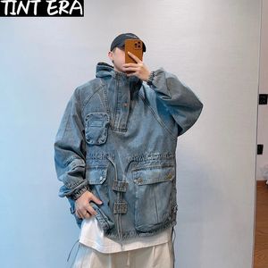 Hiphop Loose Denim Jacket Men Women Vintage Multipocket Hooded Pullover High Street Wash Cargo Cowboy Coat Autumn Couples Tops 240124