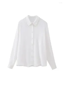 Women's Blouses ZADATA Fashion Artificial Pearl Decoration Loose White Satin Textured Long Sleeve Buttoned Blouse Chic Top