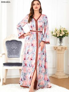 Ethnic Clothing Abayas For Women Dubai Party Dresses V-Neck Long Sleeve Elegant Floral Print Belted Kaftan Ladies Abayat Ramadan