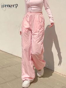 Kadın pantolonları Weekeep Street kıyafetleri sevimli kargo pembe şık elastik yüksek bel rahat eşofman