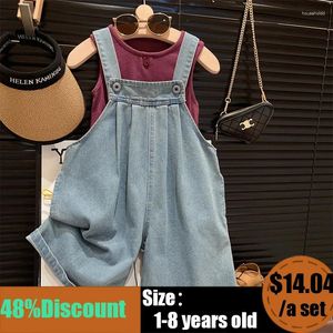 Clothing Sets Korean Girls Clothes Denim Strap Pants Suit For Vest Loose Fitting 2-Piece Set Baby Summer