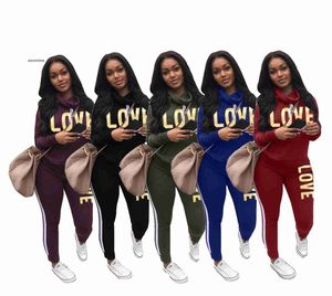 Size Plus Two Piece Pants Women Outfit LOVE Letter Print High Neck Hoodies Sweatshirt Tracksuit Streetwear Casual Suit