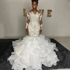 Abito da sposa a sirena africana 2024 Scollo a barca maniche lunghe Organza Increspature a cascata Treno Abiti da sposa Custom Made Vestido de novia