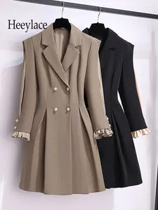 Vestidos casuais senhoras de escritório elegante luxo blazer 2024 outono inverno entalhado v pescoço duplo breasted cintura alta a linha 4xl