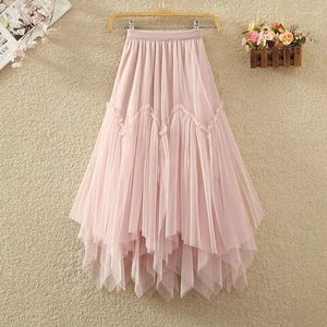 Spódnice Tigena Tutu Titule Long Scirt for Women 2024 Summer Korean Fashion Nieregularny rąbek High Talle Plated Mesh Midi Female Pink