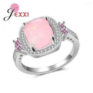 Cluster Rings Fast Fashion Women Female Pink Opal Stone With Crystal Real 925 Sterling Silver Wedding Band Anillos