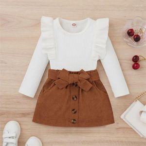 Conjuntos de roupas 1-8y crianças meninas outono roupas conjunto bebê cor sólida manga longa plissado com nervuras malha tops com cinto mini saias crianças roupas