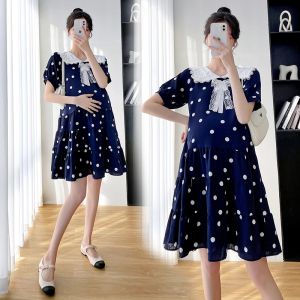 Dresses Maternity Clothes for Summer Sweet Bow Lace Peter Pan Collar Polka Dot Chiffon Dress Pregnant Woman Ball Gown Dresses Navy Blue