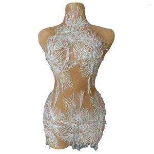 Stage Wear See Through Mesh Women Stunning Dress Party Birthday Sexy Carnival Rave Festival White Snow Pearl Performance Costume