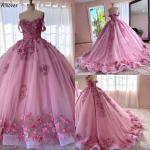 Pink Pretty Flowers Lace Beaded Quinceanera Dresses Off The Shoulder Princess Ball Gown Prom Evening Puffy Long Train Sweet 15 16 Dress For Girls Formal Wear