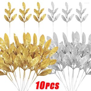 Decorative Flowers 10/1Pcs Christmas Glitter Leaves Plastic Tree Ornament Simulated Branches Wedding Party DIY Decors Suppllies