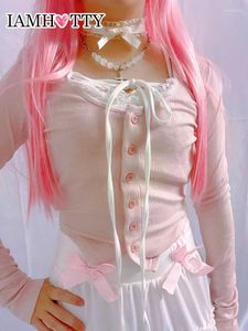 Damen-T-Shirts IAMTY Pink Kawaii Button-up-Strickjacke Spitze Patchwork Fake 2-teiliges Neckholder-Crop-Top Lolita Japanisches ästhetisches Hemd