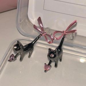 Ohrstecker Lustige süße schwarze Katze Rosa Schleife Zirkon Herz für Frauen Süßes Mädchen Y2k Ästhetik 2024 Koreanischer Trendschmuck