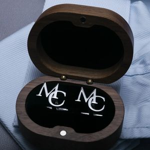 Custom Name Initials Cufflink Highend Wood Box Packaging Cufflinks Personalize Letter Buttons for Groom Stainless Steel Jewelry 240123