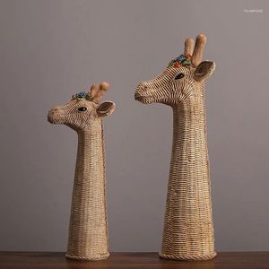 Estatuetas decorativas girafa escultura simulação animal estátua cabeça de cervo rattan padrão resina artesanato ornamentos avatar decoração para casa