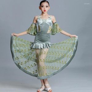 Stage Zużycie High End Modern Dance Dress Children Standard Performance Costumes Girls Ballroom Koronkowy konkurs DN14019