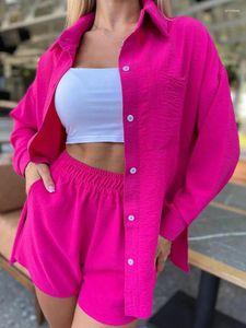 Women's Tracksuits Long Sleeve Cardigan Top Shorts Outfit Women Spring Summer Loungewear Two Pieces Sets 2024 Turn-Down Collar Solid Ladies