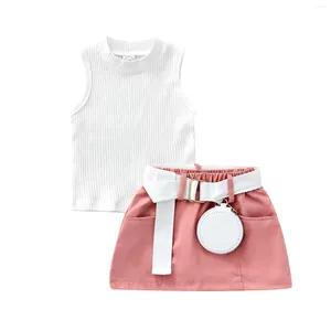 Conjuntos de roupas crianças infantil bebê menina verão saia outfit cor sólida sem mangas regatas e bolso casual mini fanny pack conjunto