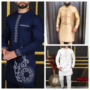 2024 Suit Men's Two-piece Trouser Suit Round Neck Solid Color Printed Long-sleeved Festival Social African Ethnic Style 240129