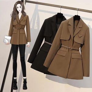 Kvinnors kostymer S-4XL Kvinnor Blazer Jacket Lång bältesficka Löst vår Autumn Casual Office Work Plus Size Black Khaki