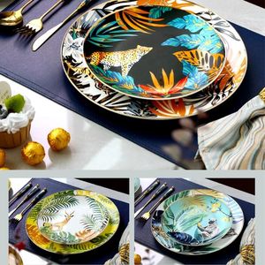 Тарелки в стиле лесных животных и тигра, посуда, фарфоровая тарелка из костяного фарфора с золотым краем, западное блюдо, керамика, ужин