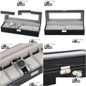 Jewelry Boxes 6 Slot Leather Box Display Black Case Luxury Storage Clear Glass Lid Dustproof Holder Dresser Bin Table Organizers Drop Dhztm