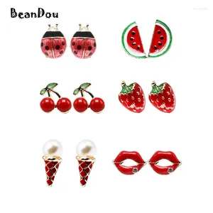 Brincos de parafuso prisioneiro 1 par moda orelha studs pendientes joaninha lábios sorvete cereja melancia morango óleo gotejamento vermelho adorável fruta brinco