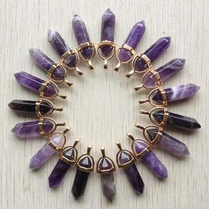 Pendant Necklaces Fashion Natural Amethysts Stone Gold Color Alloy Pillar Charms Pendants For Jewelry Making 24pcs/lot Wholesale