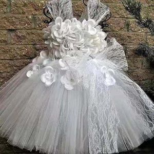 Girl Dresses Girls White Lace Flower Petals Tutu Dress Kids Crochet Tulle Ball Gown With Big Bow Children Wedding Party Costume