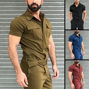 Calças masculinas 2024 macacão casual streetwear bolso cor sólida manga curta calças macacão moda lazer trabalho básico