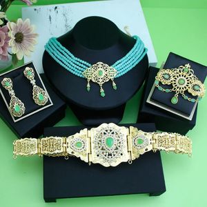 Sunspicems Morocco Bride Wedding Jewelry Sets For Women Gold Color Arabic Caftan Waist Belt Brooch Bead Choker Necklace Earrings 240202