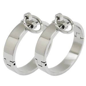 Polished stainless steel lockable slave wrist and ankle cuffs bondage restraints bracelet with removable O ring 240130