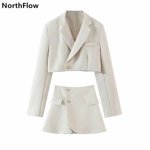 Northflow matchande set blazer och kjolar kvinnor England stil navel exponerad kort imperium blazer feminino femme två bit set 240118