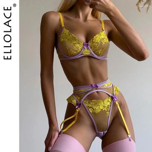 Conjuntos de sutiãs Ellolace Delicate Lingerie Sheer Lace Sexy Underwear 3 peças Floral Fantasia Intimate Luxo Sem Censura Sensual Breve