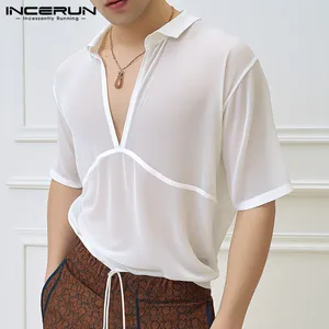 Męskie koszule T Inderun Tops 2024 Style koreański Seksowne głębokie mikro przezroczyste projektowanie w szyku w szpic T-shirty swobodne mężczyźni krótkie rękawy Camiseta S-5xl