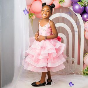 Light Pink African Flower Girl Dresses for Wedding Ankle Length Spaghetti Straps Tiered Tulle Rehinestones Birthday Party Dresses for Little Girls Gowns NF085