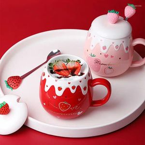 Mugs 500ml Large Capacity Ceramic Mug Cute Strawberry Coffee With Lid And Spoon Porcelain Breakfast Milk Oatmeal Cup Drinkware