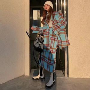 Plaid tweed set casual blazer vintage förtjockar kostymer jacka hög midja delad kjol topps två stycken set kvinnor kläder kontor slitage 240129