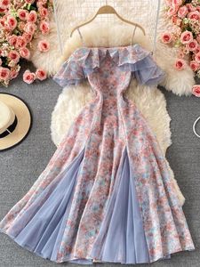 Vestidos casuais yuoomuoo romântico laço retalhos floral impressão vestido longo mulheres moda fora dos ombros alta divisão elegante festa