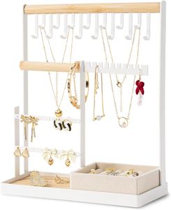 DreamGenius Jewelry Organizer Stand med Velvet Ring Holder, 4 Tier Jewelry Holder Organizer med 15 krokar halsbandsarrangör och konsolhållare, smyckestativ