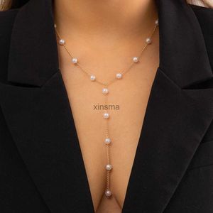 Andra smyckesuppsättningar Ingemark Gothic Simple Imitation Pearl Chest Long Chain Necklace For Women Wed Bridal Kpop Bead Choker Neck smycken Tillbehör YQ240204