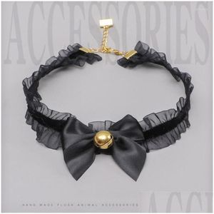Neck Ties Princess Lolita Necklace Dog Bell Gothic Black Lace Choker Retro Sweet Pearl Bowknot Necklaces Cosplay Party Jewelry Drop D Dhpc1