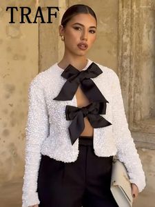 Женские блузки TRAF 2024, блузка с пайетками, женские рубашки с галстуком-бабочкой, элегантные женские короткие сексуальные вечерние топы с длинным рукавом