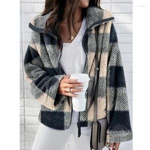 Женские куртки, осенне-зимнее повседневное клетчатое пальто с отворотами в стиле ретро, пушистый кардиган с карманами, топ 2024, модная уличная одежда на молнии, женская куртка