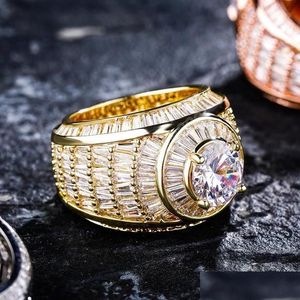 Pierścienie zespołowe Hip Hop lodowane klaster bagietki cZ najwyższej jakości biały złoto moda luksusowa biżuteria na prezent męskie ring257m upuść dhrjh