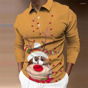 Polos masculinos bonito festival de natal 3d gráfico camisa polo de manga longa para roupas masculinas fresco casual moda masculina lapela camisas confortáveis topos